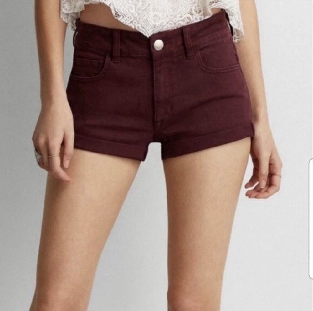 American Eagle Womens Hi Rise Jean Shorts 8 Shortie Super Stretch Maroon Red